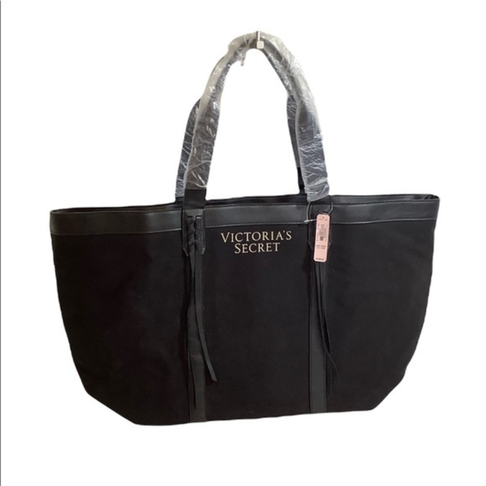 VS large black canvas leather trim w tassels purse